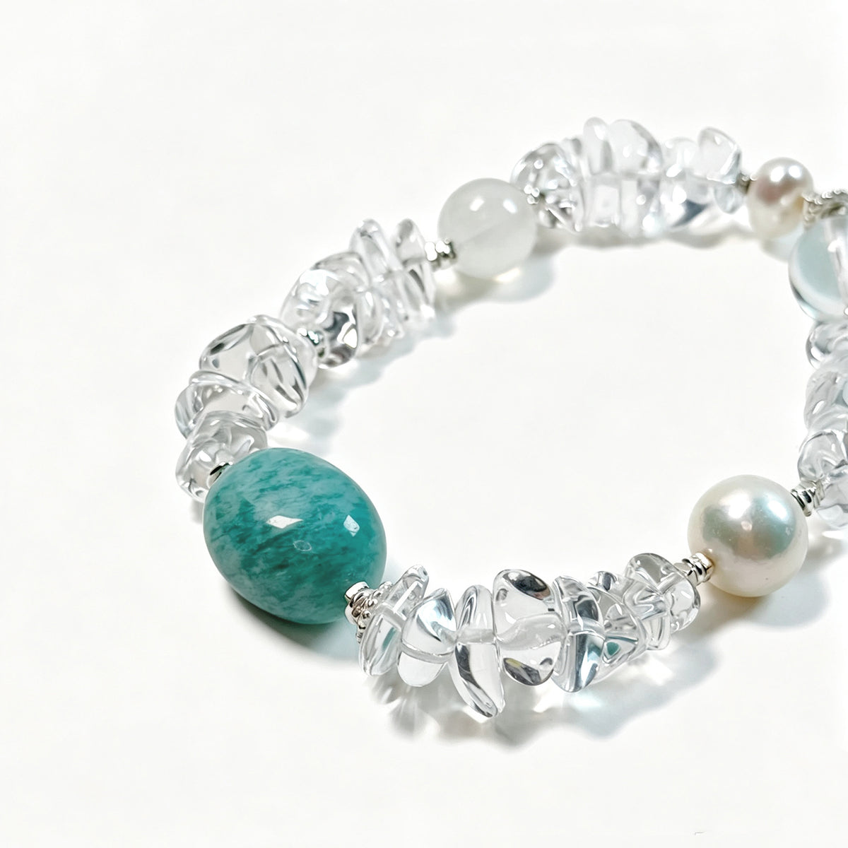 Collector-grade Clear Quartz detail on Amazonite and Freshwater Pearl bracelet