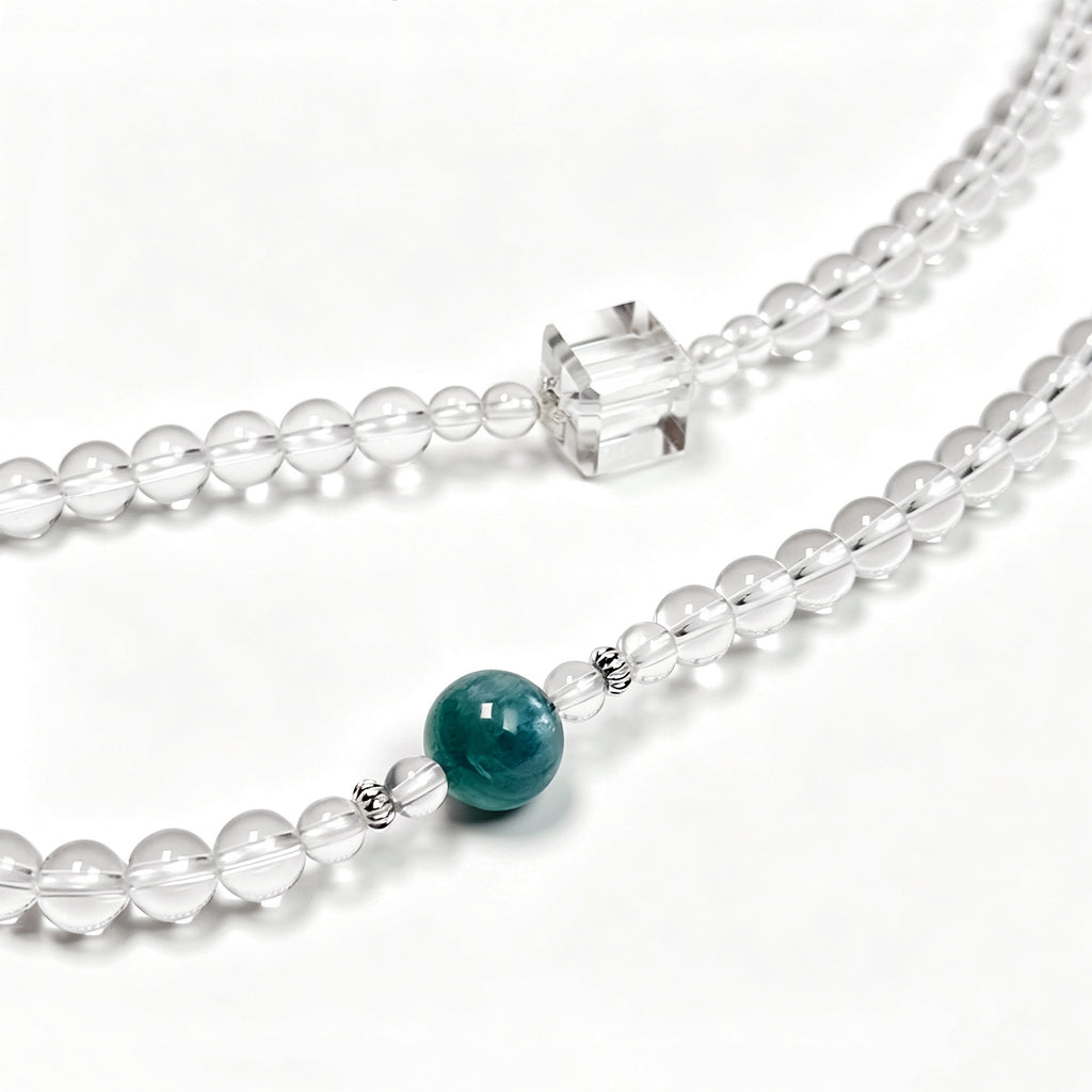 Close-up detail of collector-grade Clear Quartz and Monet Blue-Green Kyanite with 925 sterling silver, showcasing exceptional crystal transparency and natural gemstone textures.