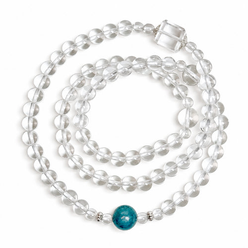 Collector-grade Clear Quartz and Monet Blue-Green Kyanite convertible necklace and triple-wrap bracelet with 925 sterling silver, photographed from above on a white background.