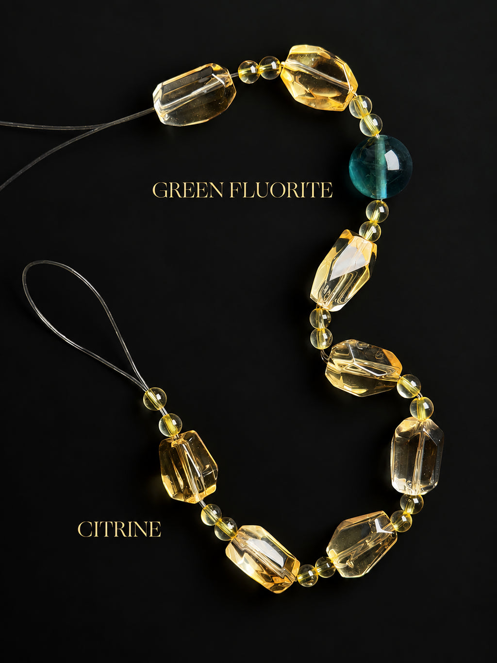 Collector-grade faceted Citrine and natural blue-green Fluorite bracelet displayed against a black background, highlighting the golden-yellow and blue-green crystals, natural mineral details, and sparkling facets.