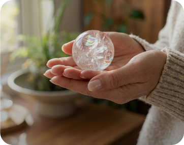 Customer experiencing emotional balance and calm energy in daily life with crystal