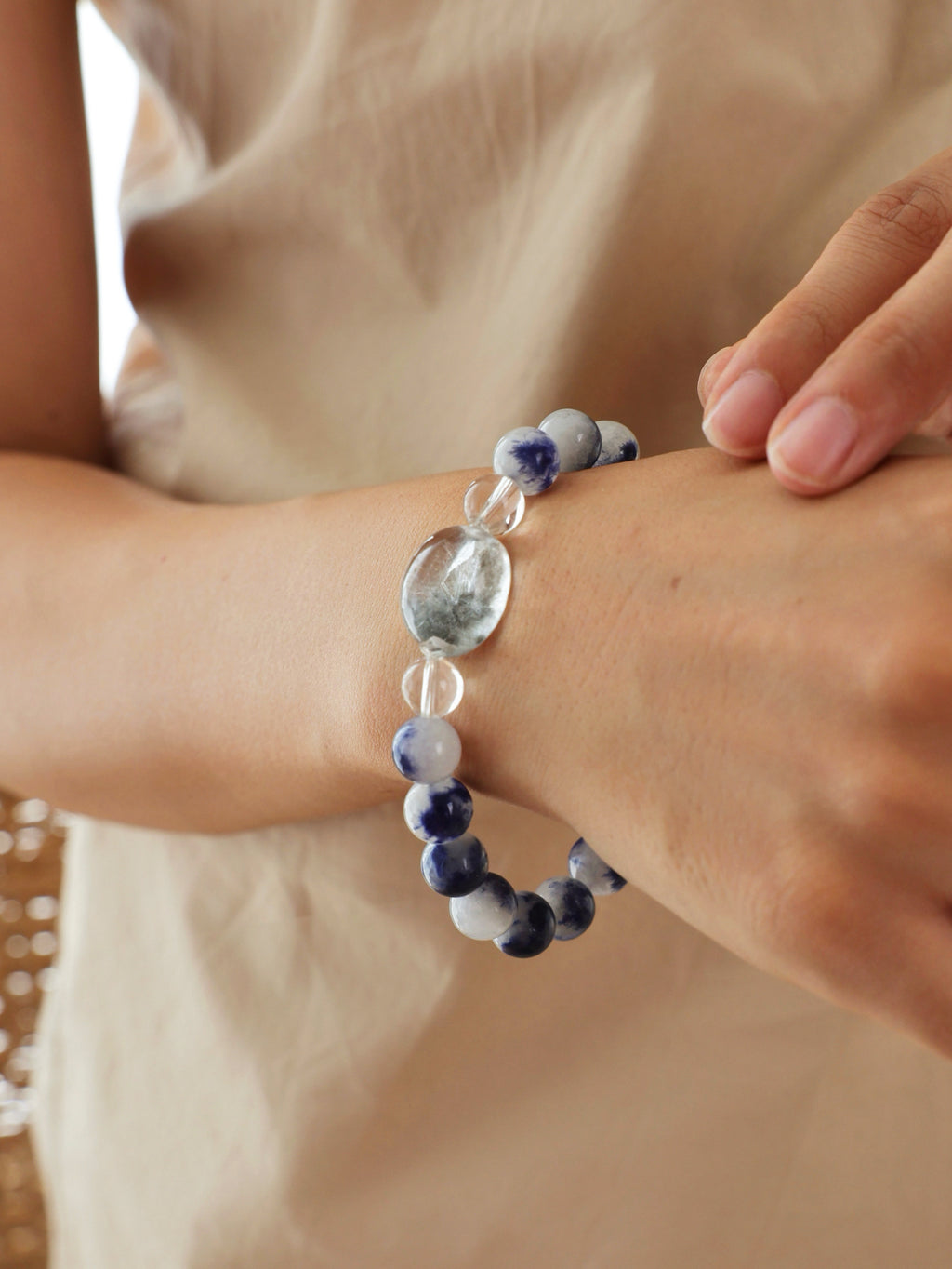 Deep Blue Kyanite and high-clarity Blue Rutilated Quartz bracelet worn on wrist