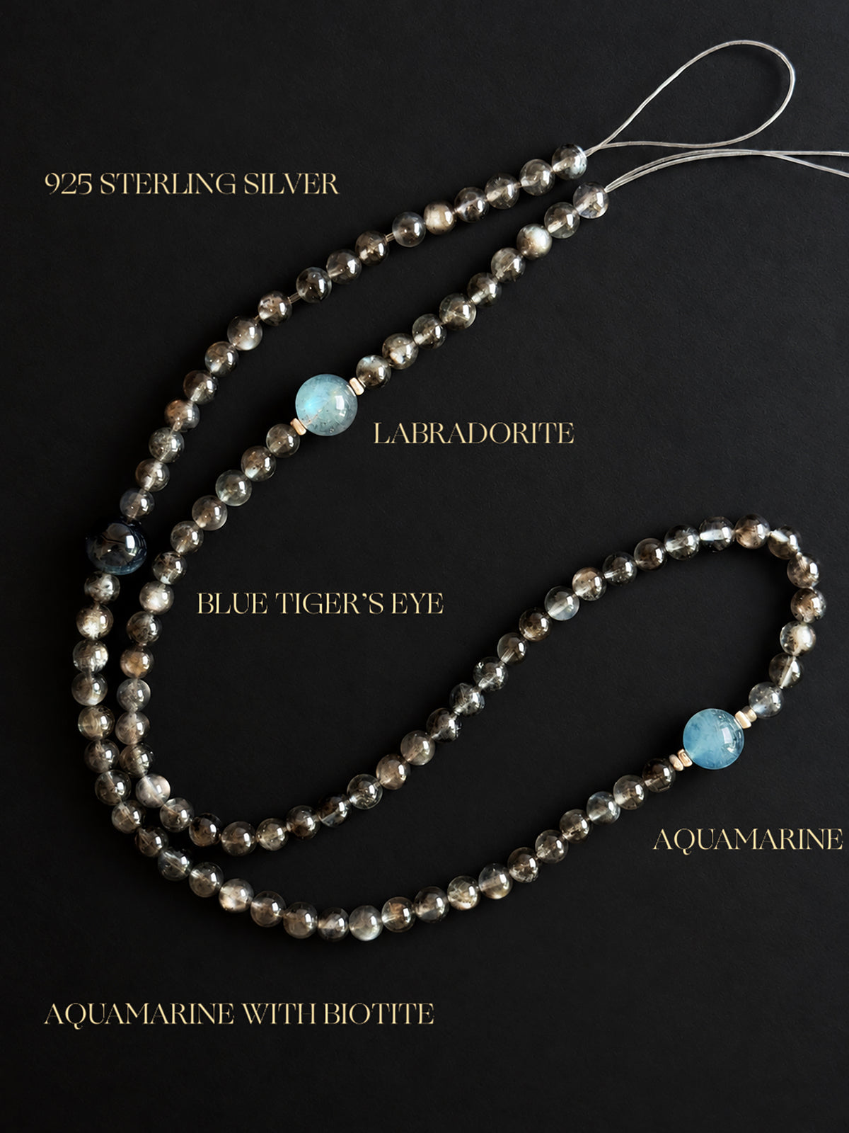 Fine Aquamarine with Biotite, Aquamarine, Blue Tiger’s Eye, and Labradorite convertible bracelet and necklace with 925 sterling silver accents, displayed against a black mineral backgroun
