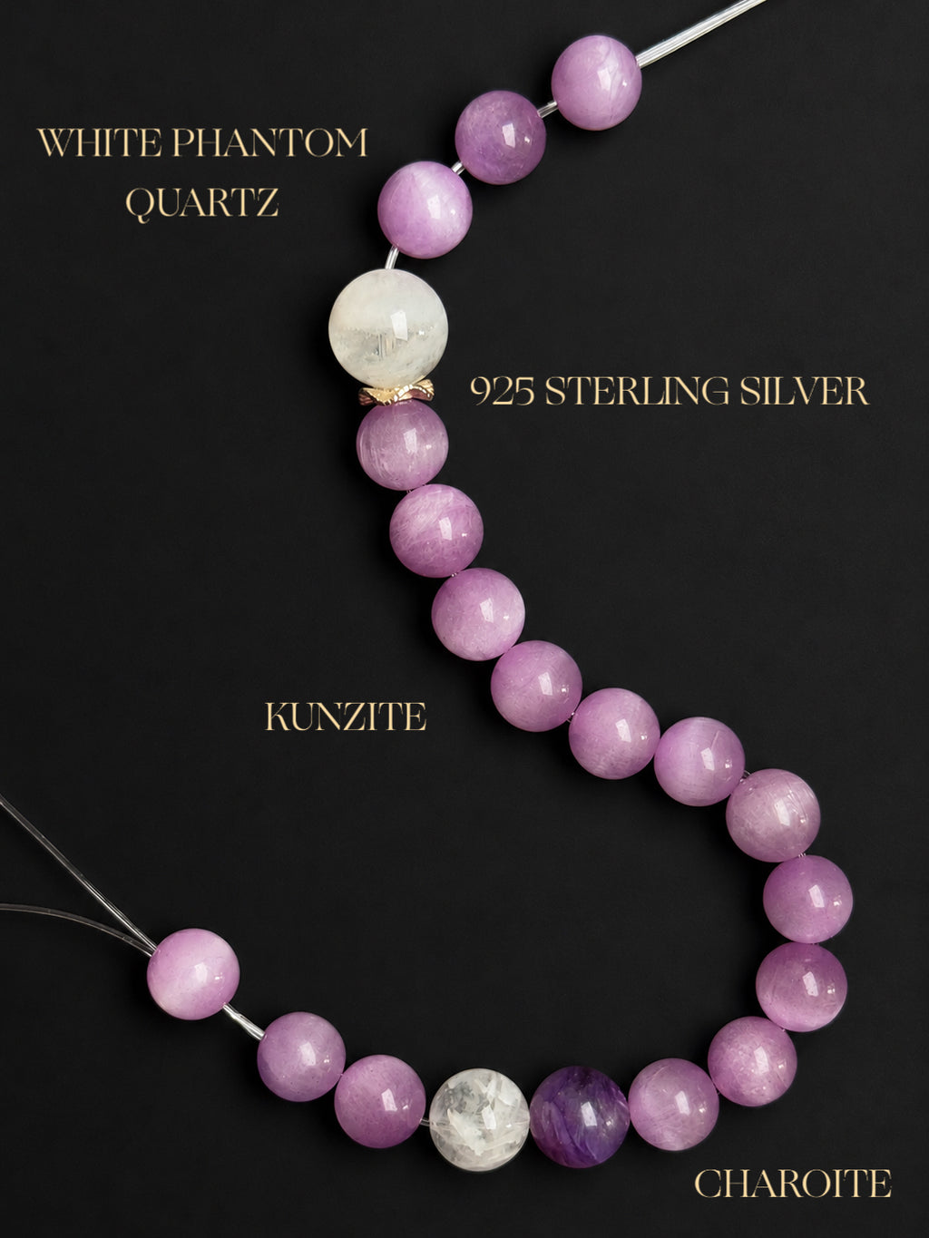 Natural Fine Cat’s Eye Kunzite, Charoite and White Phantom Quartz bracelet displayed on a black mineral background, highlighting the gemstones’ natural colors, textures, translucency and inclusions.