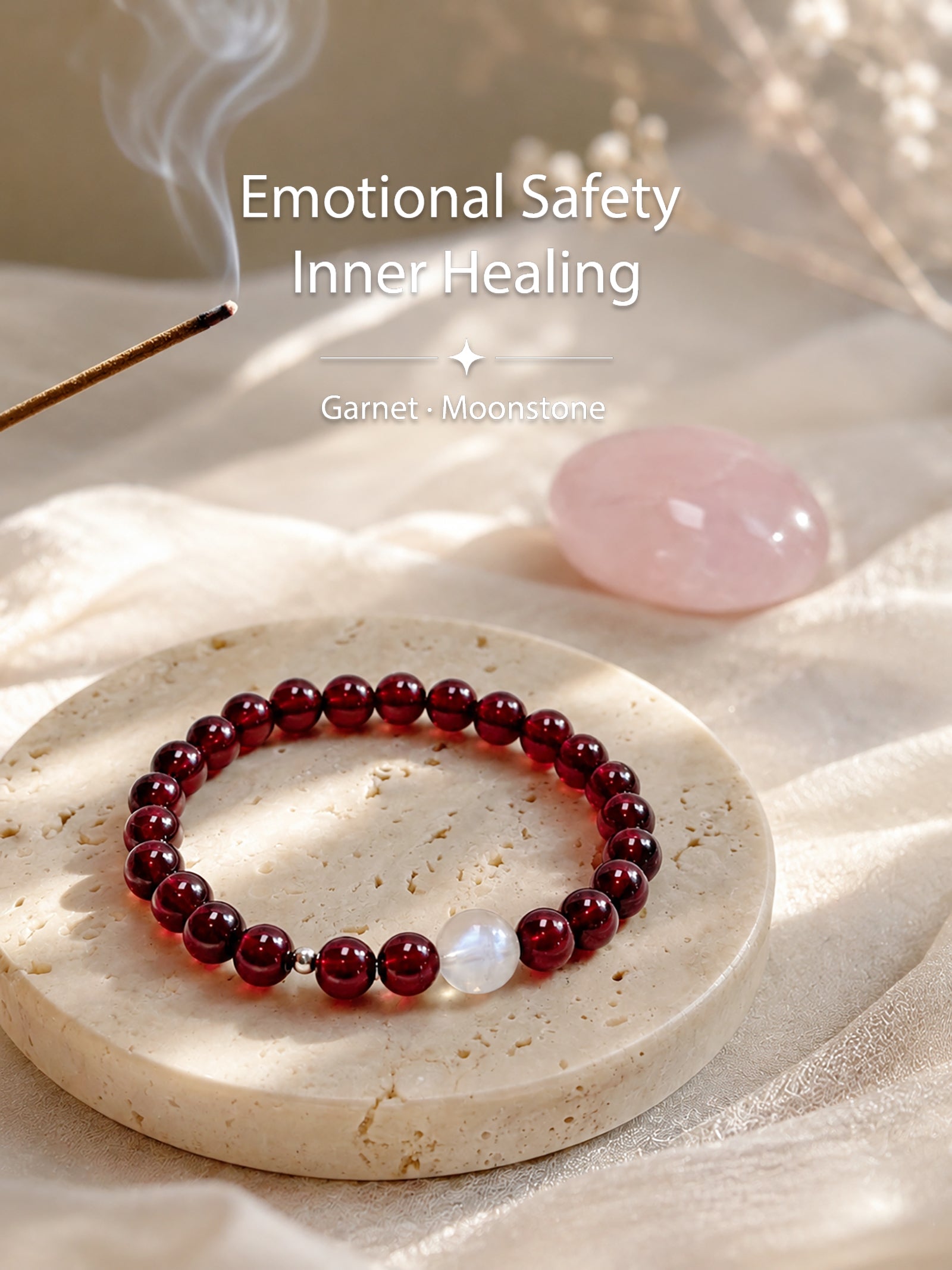 Garnet and moonstone bracelet styled on calming meditation altar with soft natural atmosphere