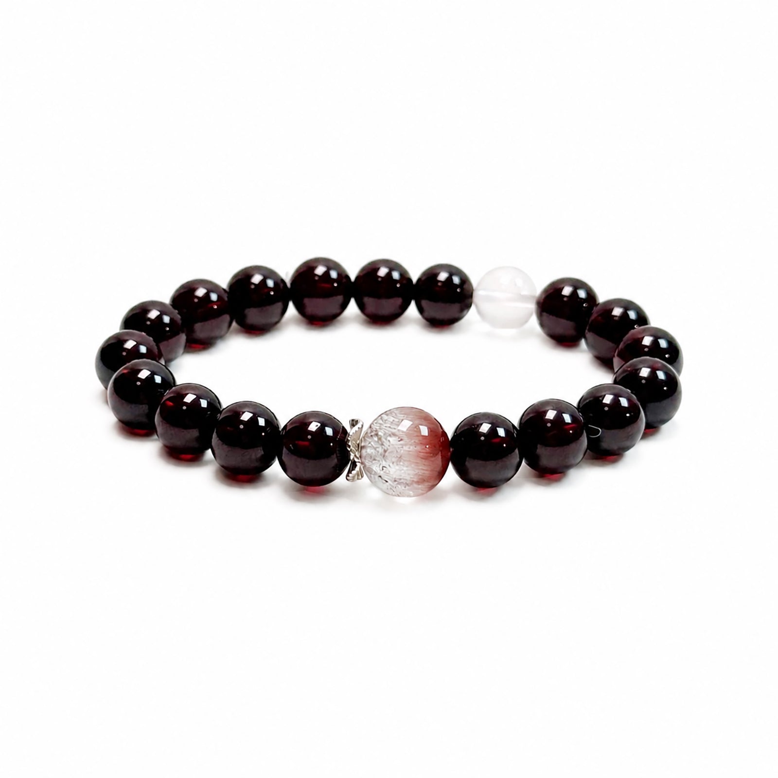Garnet and pink rabbit hair quartz bracelet on clean white background