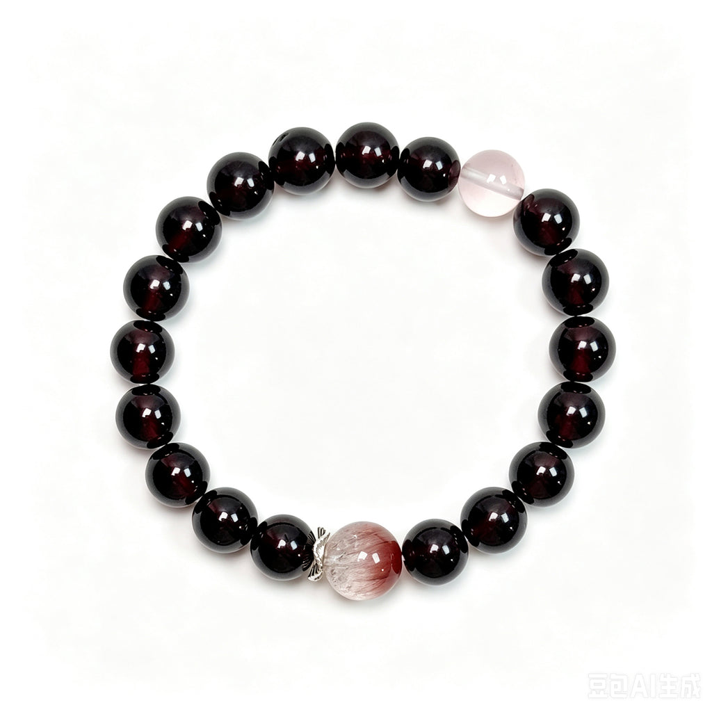 Top view of garnet and rose quartz bracelet showing full bead arrangement