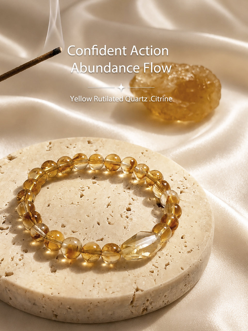 Golden healer Quartz bracelet styled on meditation altar with calming spiritual objects
