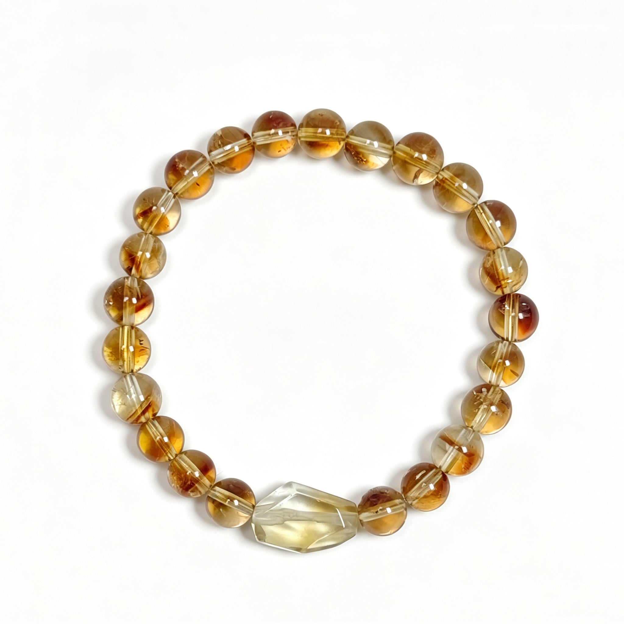 Top view of Golden healer Quartz crystal bracelet showing full bead arrangement