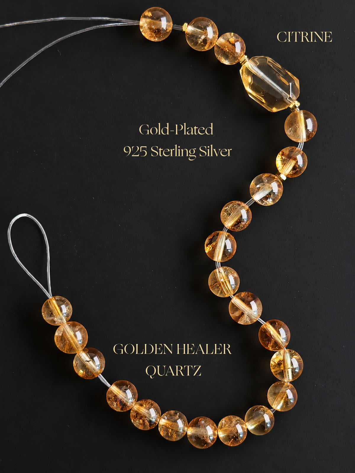 Black background mineral guide featuring natural Golden Healer Quartz and High-Clarity Citrine, highlighting their golden tones, crystal clarity, and distinctive natural inclusions.