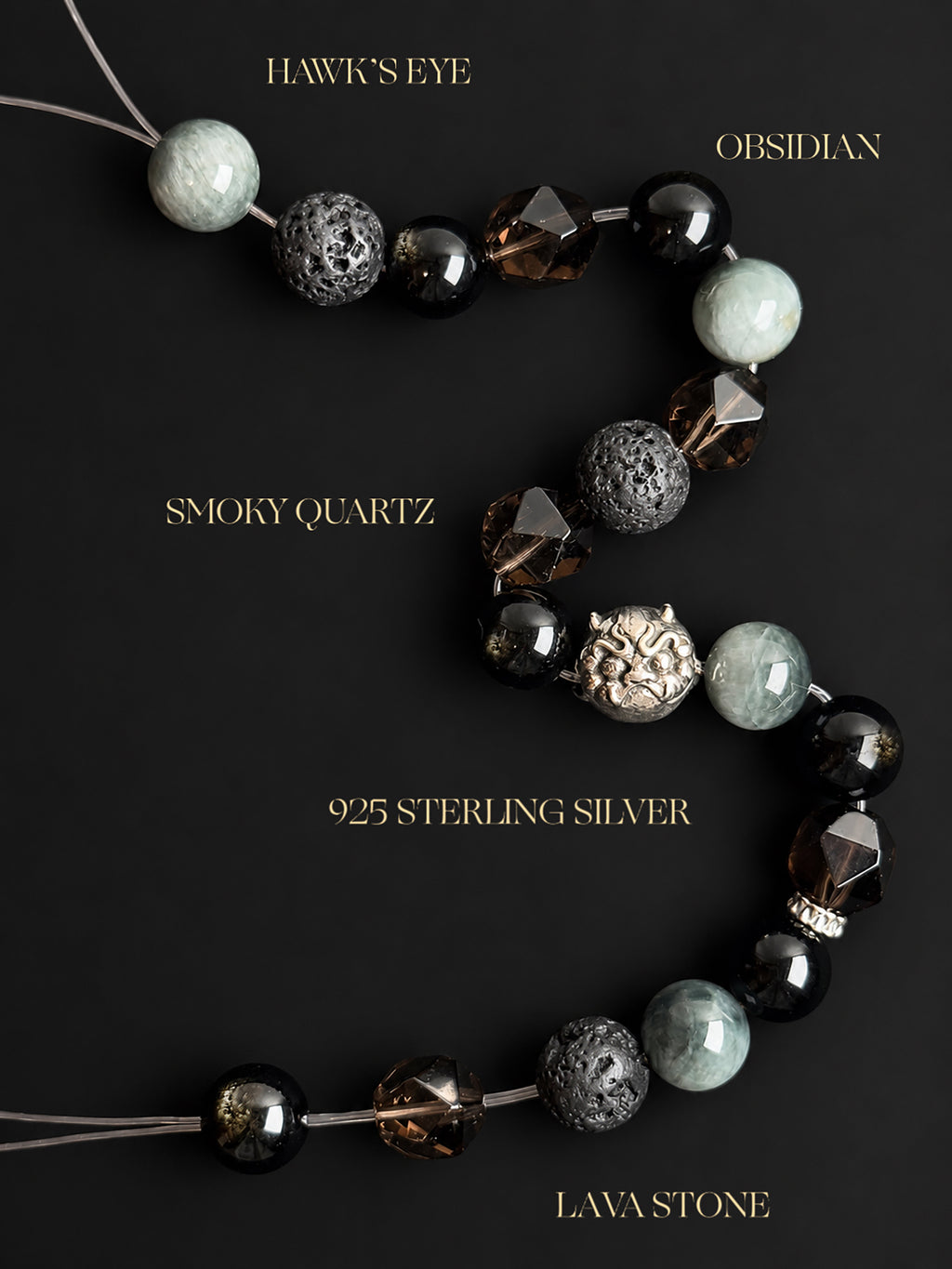 Natural undyed Golden Sheen Obsidian, faceted Smoky Quartz, Hawk’s Eye and Lava Stone bracelet with a 925 sterling silver guardian face charm, showcasing natural gemstone textures and golden reflections against a dark mineral background.