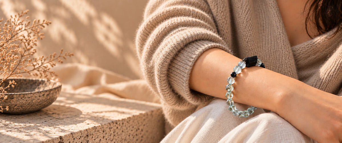  Green aquamarine, black tourmaline and black spinel crystal bracelet