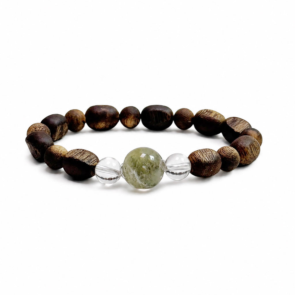 Green Phantom and Natural Agarwood bracelet on clean white background