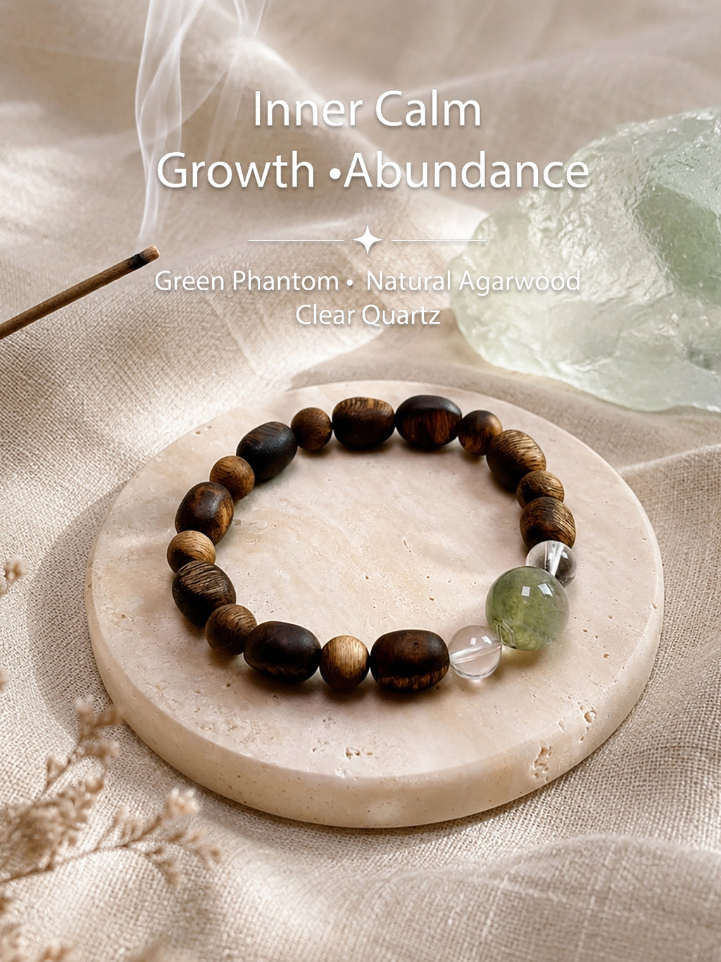 Green Phantom and Natural Agarwood bracelet styled in a calm natural setting