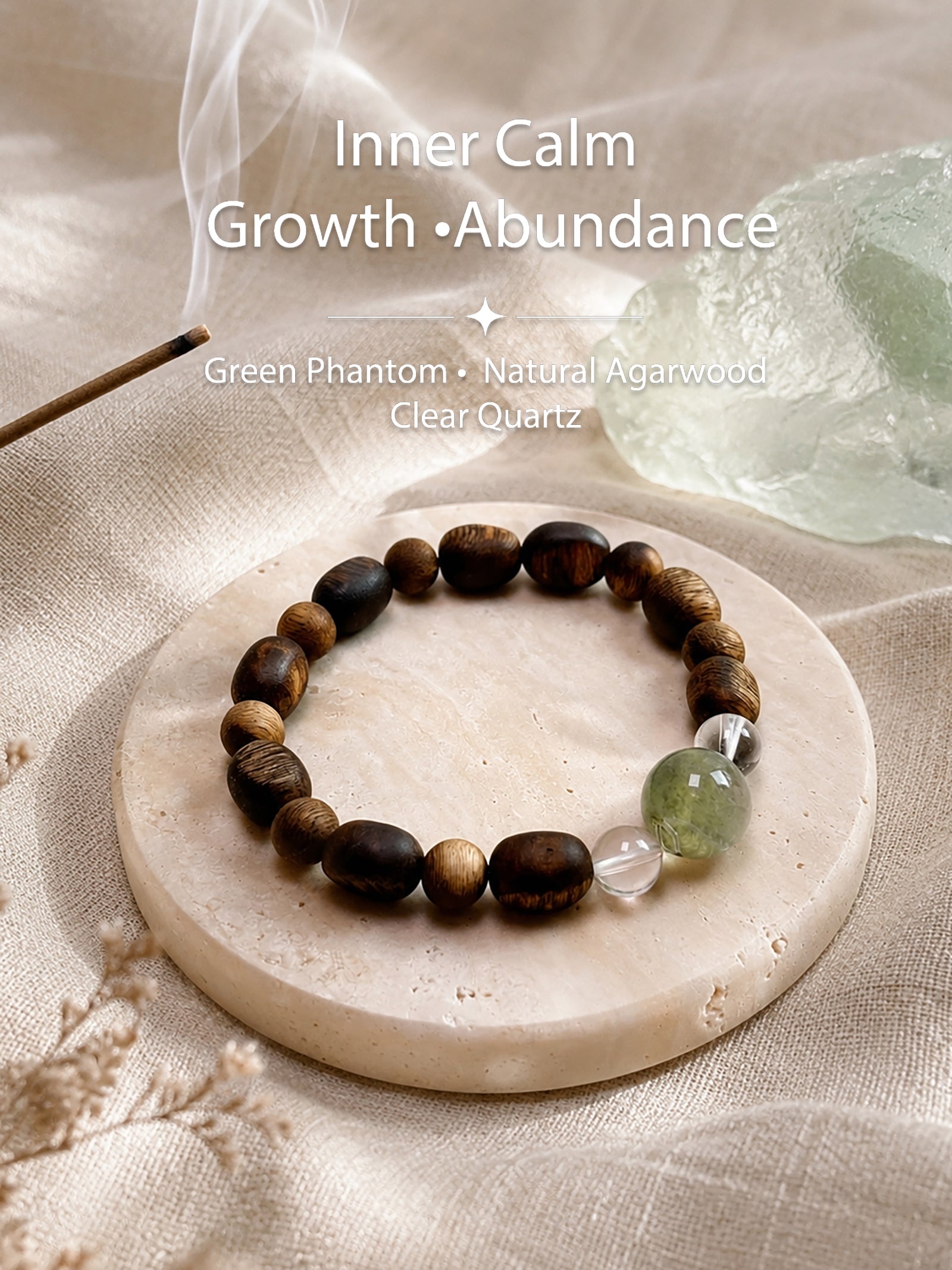 Green Phantom and Natural Agarwood bracelet styled in a calm natural setting