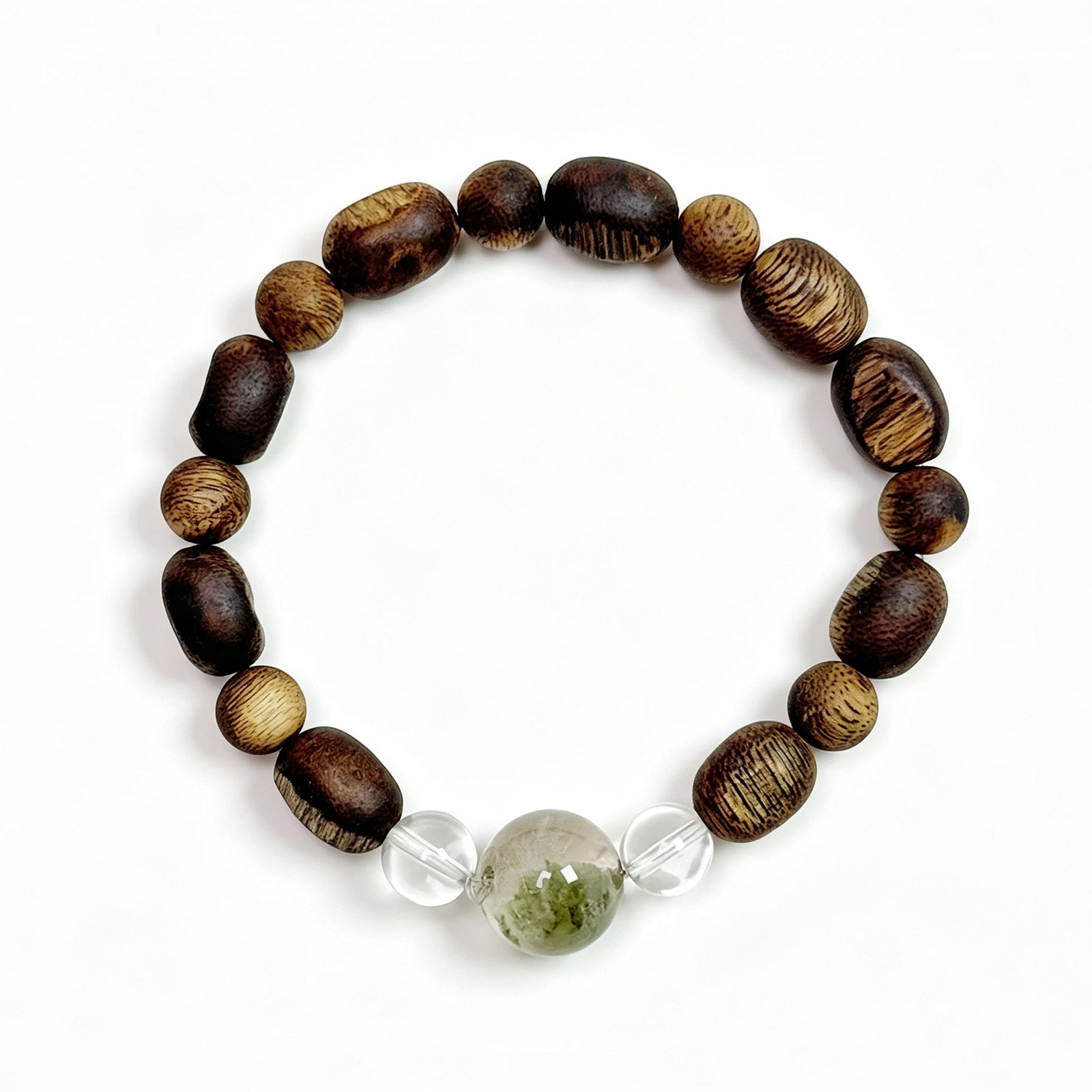Top view of Green Phantom and Natural Agarwood bracelet showing full bead arrangement
