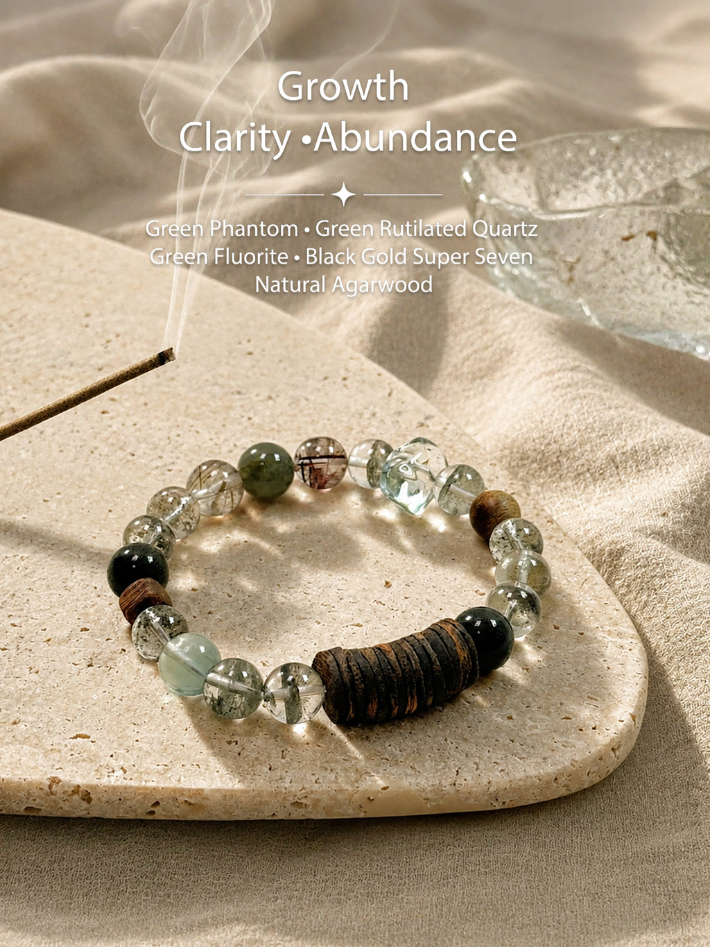 Green Phantom crystal bracelet styled with natural agarwood and calming spiritual objects