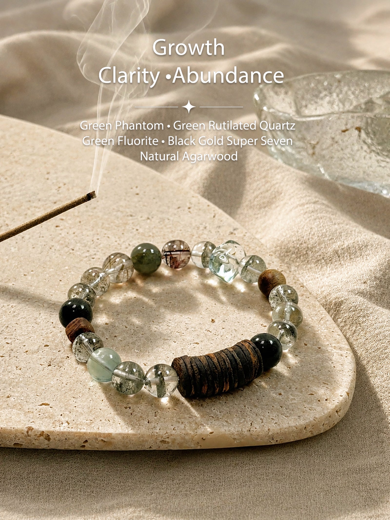 Green Phantom crystal bracelet styled with natural agarwood and calming spiritual objects