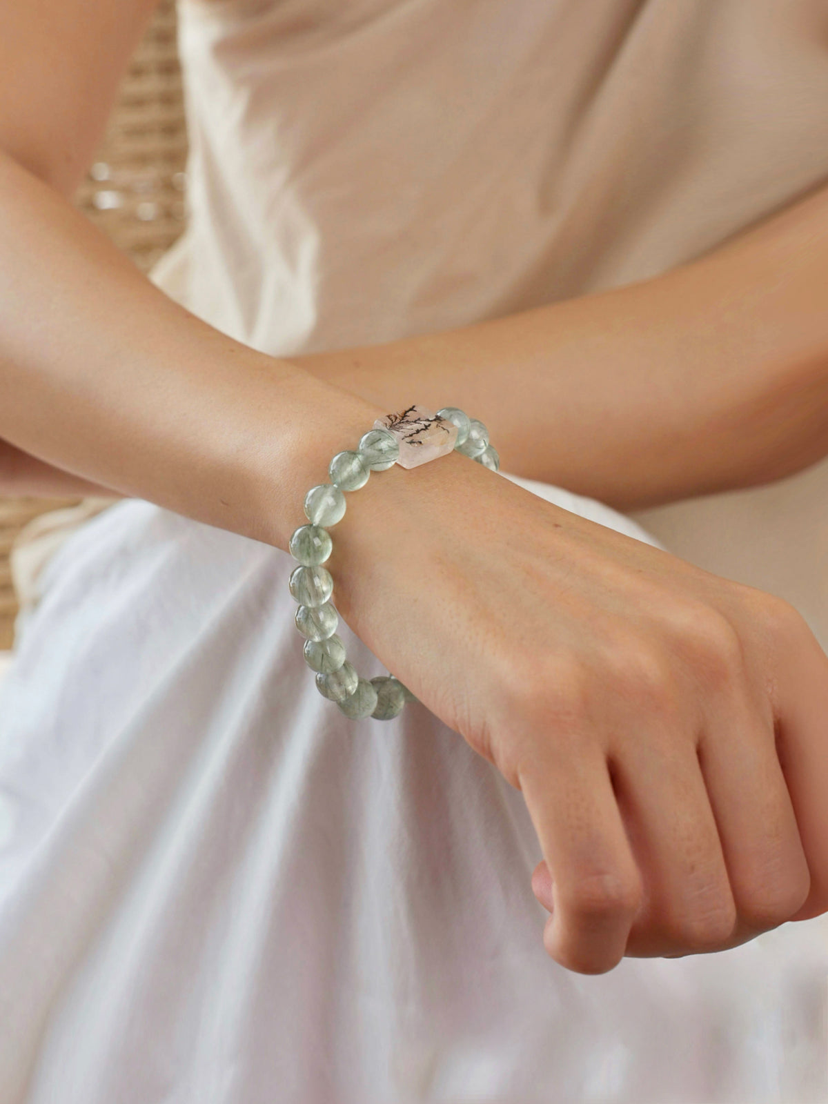 Green Rutilated Quartz and Scenic Dendritic Quartz bracelet worn on wrist