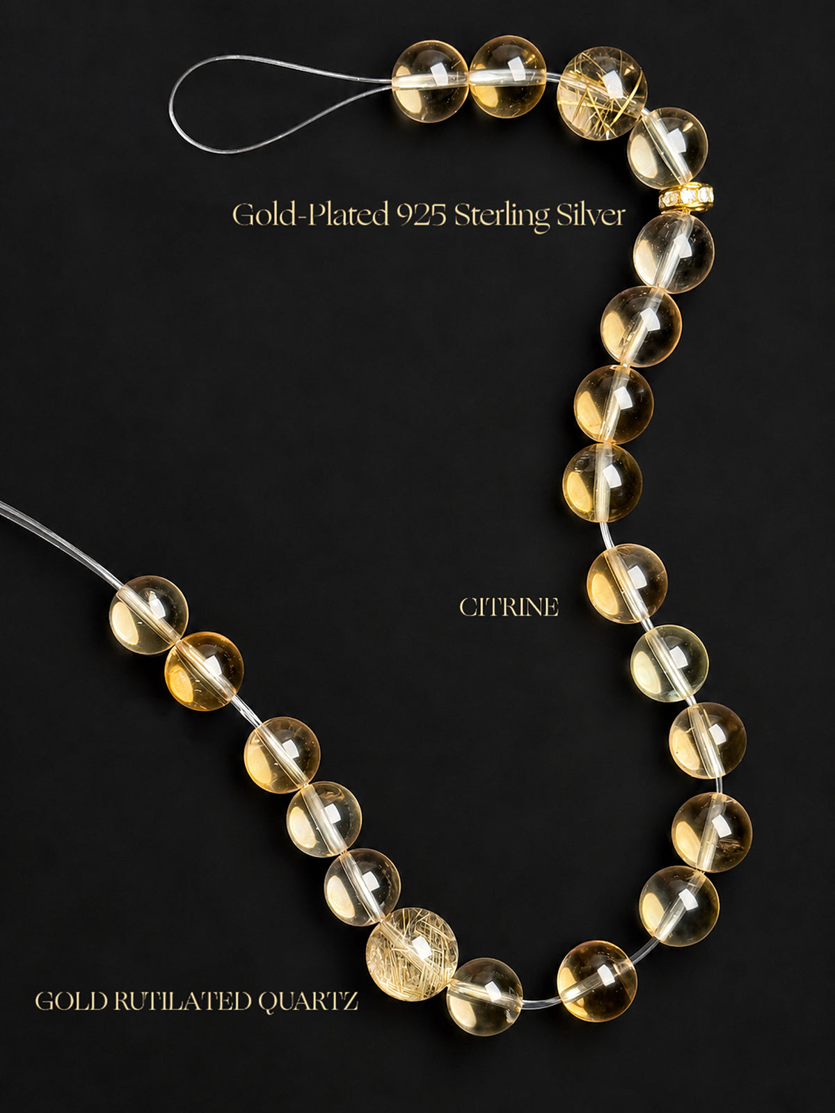 
High-clarity Citrine and Golden Rutilated Quartz bracelet featuring translucent golden beads, natural golden needle inclusions, and 925 sterling silver accents, photographed on a black background.