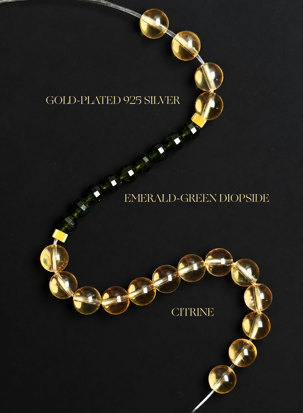 Natural high-grade citrine and emerald-green diopside bracelet displayed against a black background, highlighting the golden and rich green crystal colors and natural mineral details.