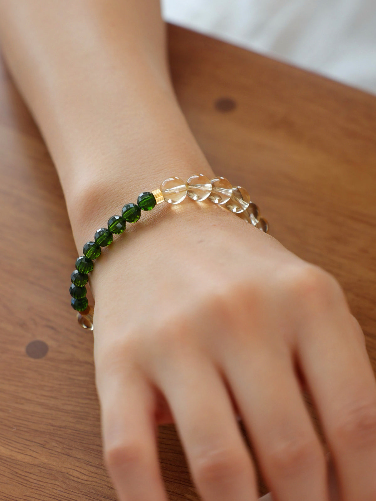 High-grade Citrine and emerald-green Diopside bracelet worn on wrist