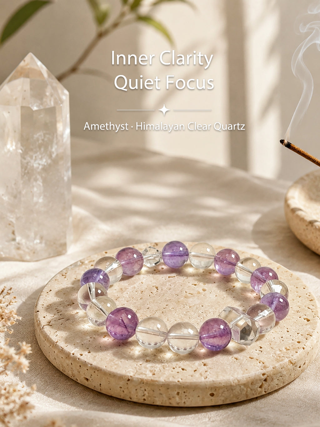 Himalayan clear quartz and amethyst bracelet styled on meditation altar for calm focus, intuition, and emotional clarity
