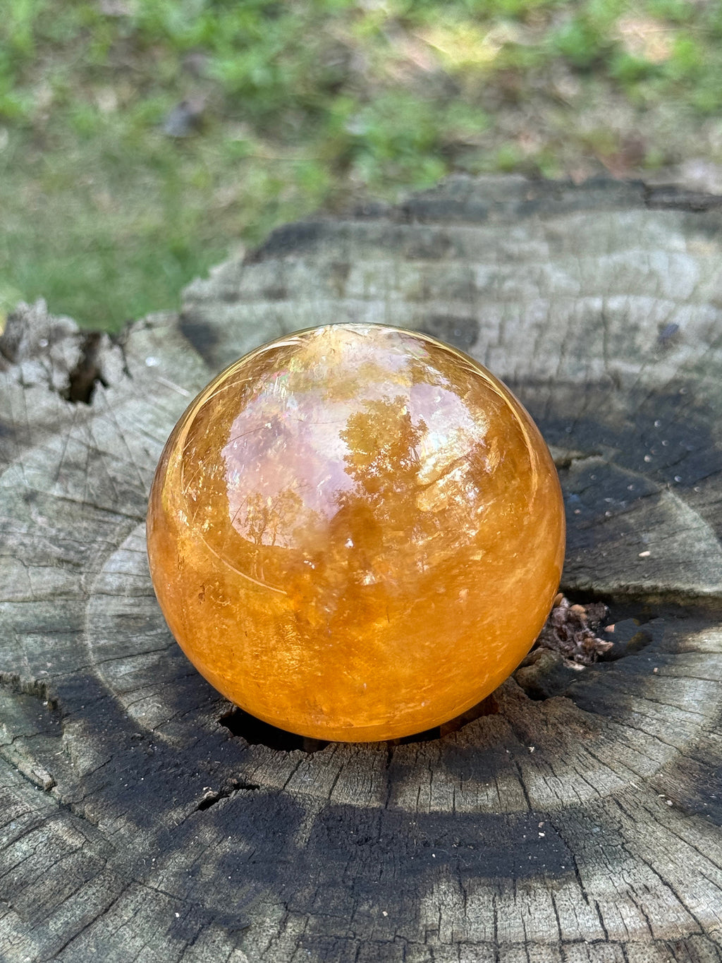 Natural honey calcite sphere with warm golden glow and internal rainbows displayed on a rustic wooden surface