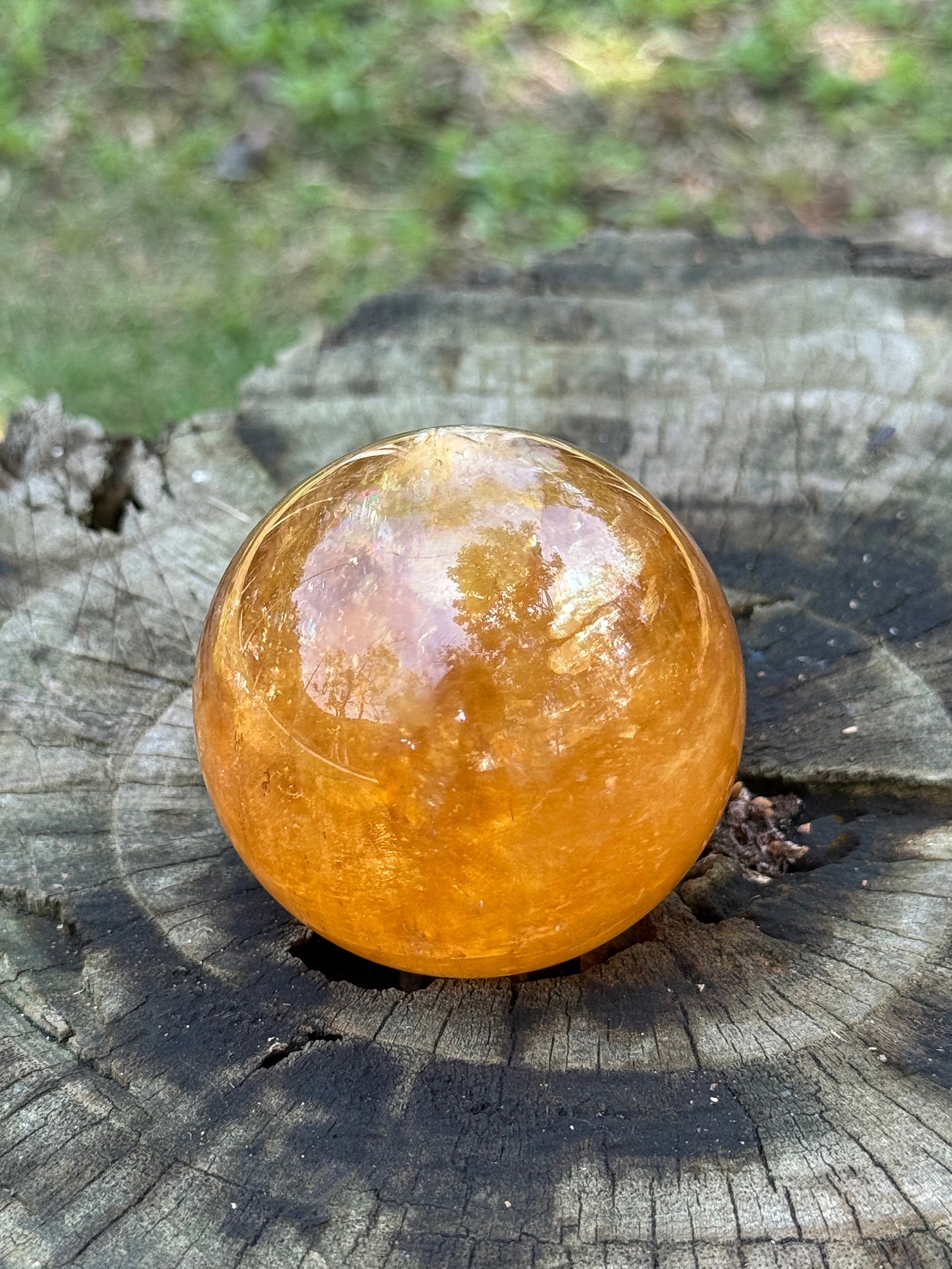 Natural honey calcite sphere with warm golden glow and internal rainbows displayed on a rustic wooden surface