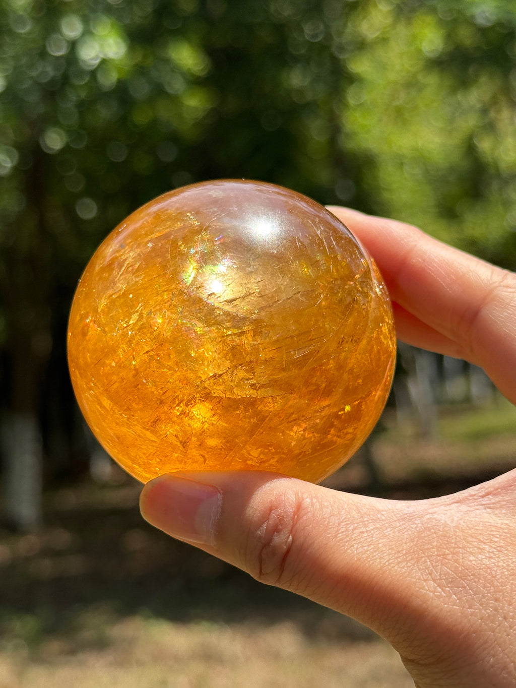 Close-up of natural honey calcite sphere showing internal fractures, glowing translucency, and natural rainbow formations under sunlight