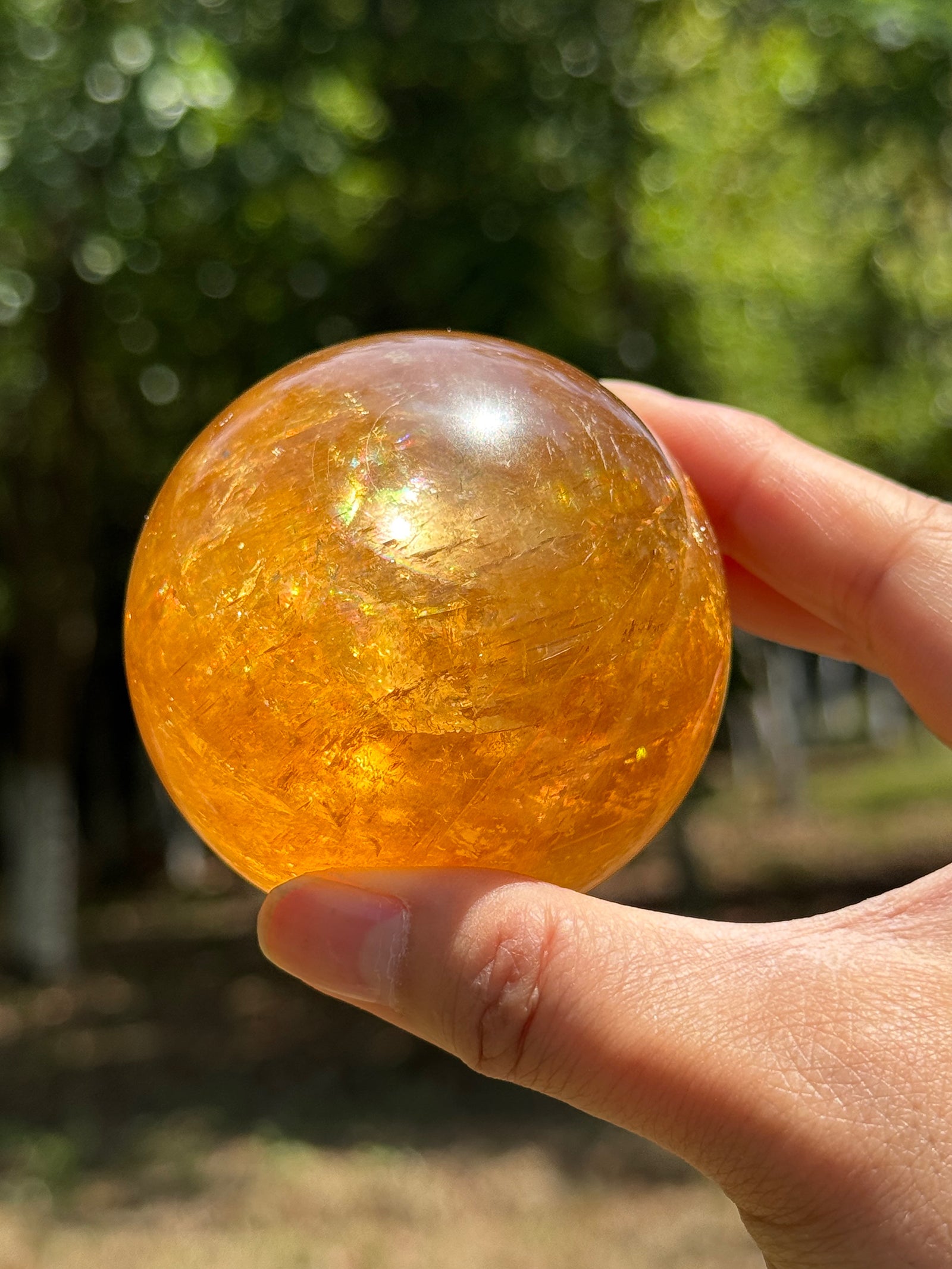 Close-up of natural honey calcite sphere showing internal fractures, glowing translucency, and natural rainbow formations under sunlight