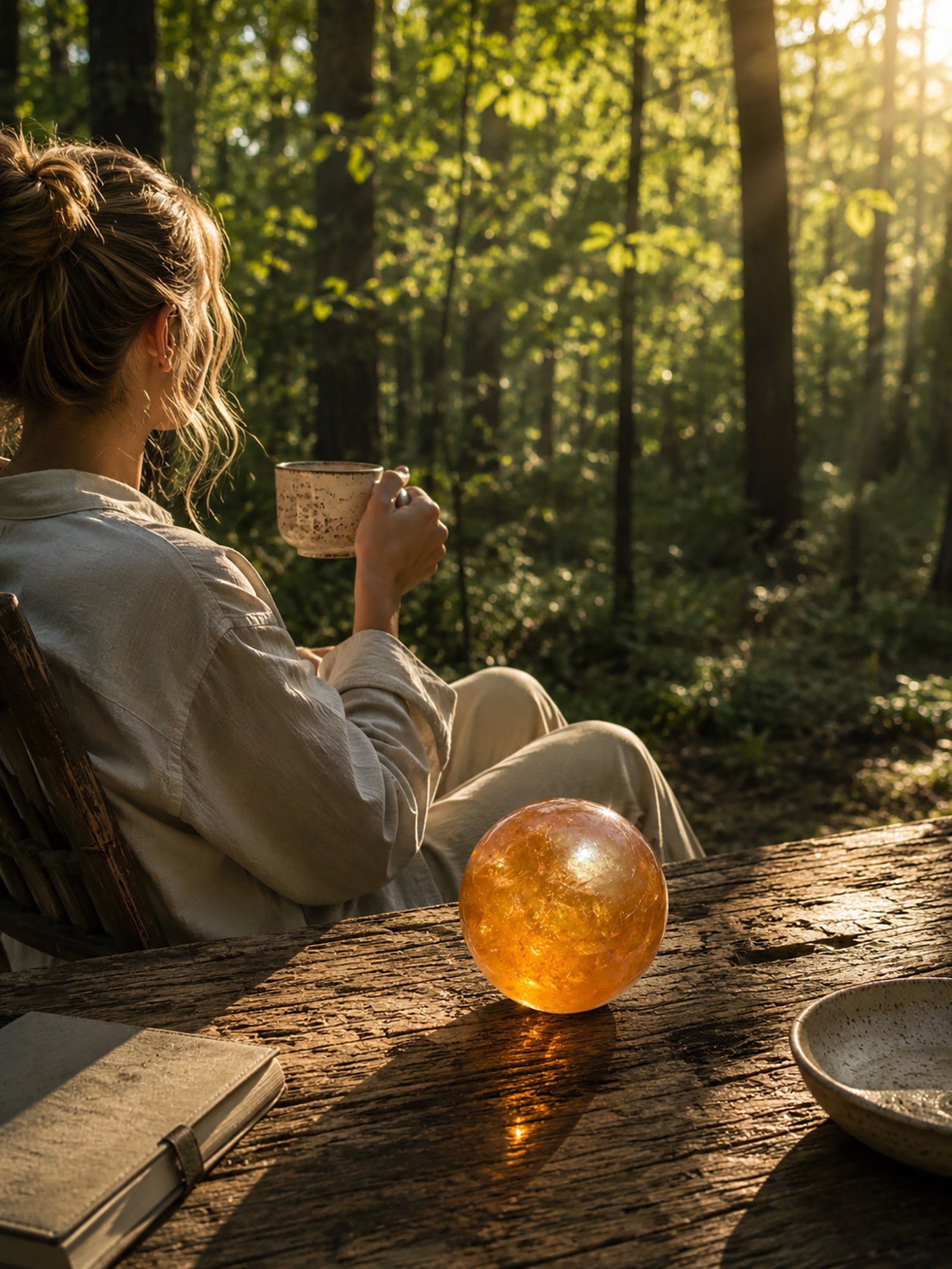 Honey calcite crystal sphere styled in a calm slow-living space with coffee, warm sunlight, and a peaceful natural atmosphere