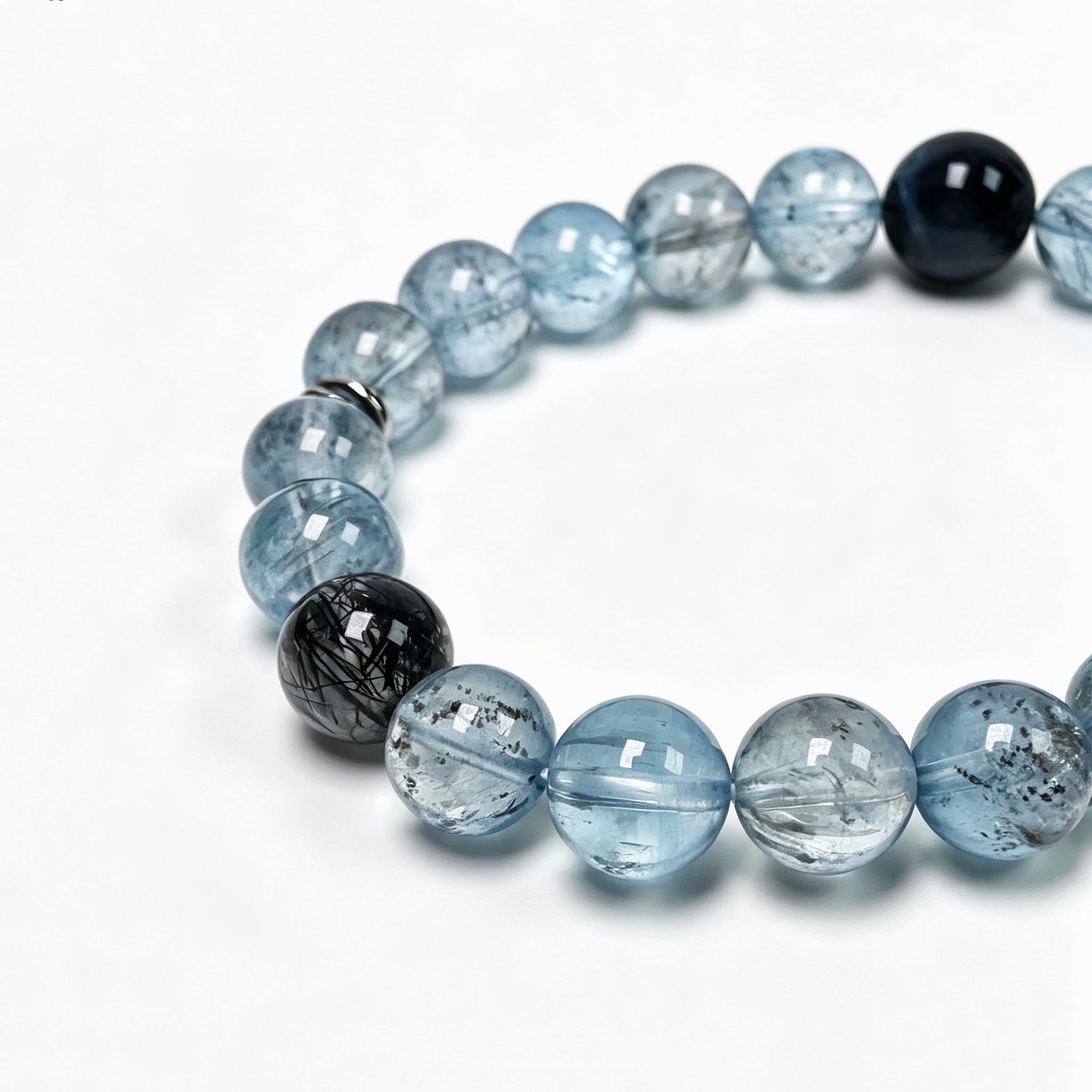 Close-up detail of Included Aquamarine bracelet showing natural mineral inclusions and crystal texture