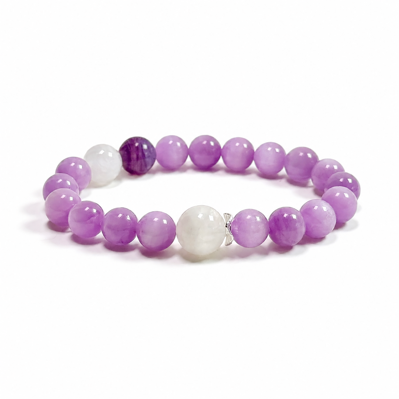 Natural Kunzite, Charoite & White Phantom Quartz bracelet on a clean white background