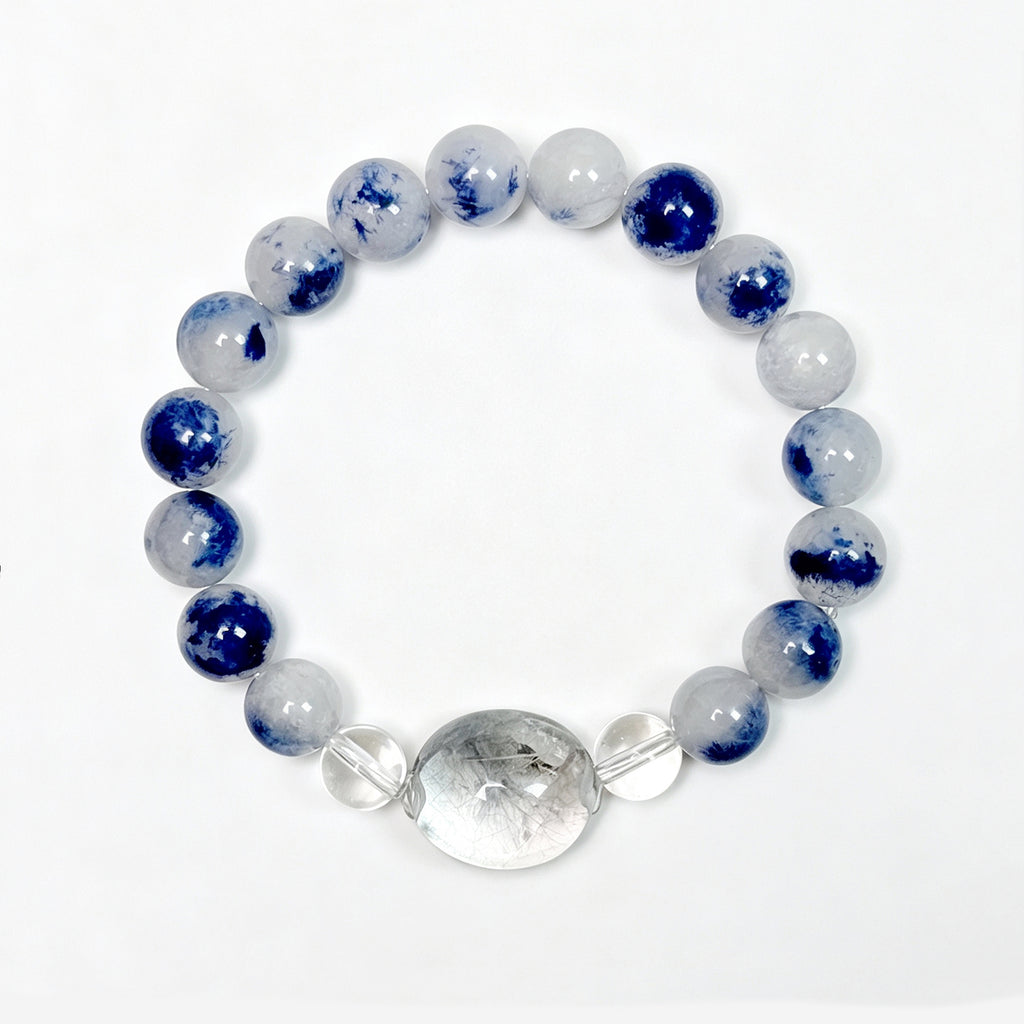 Top view of natural Kyanite and Blue Rutilated Quartz bracelet with 925 sterling silver accents