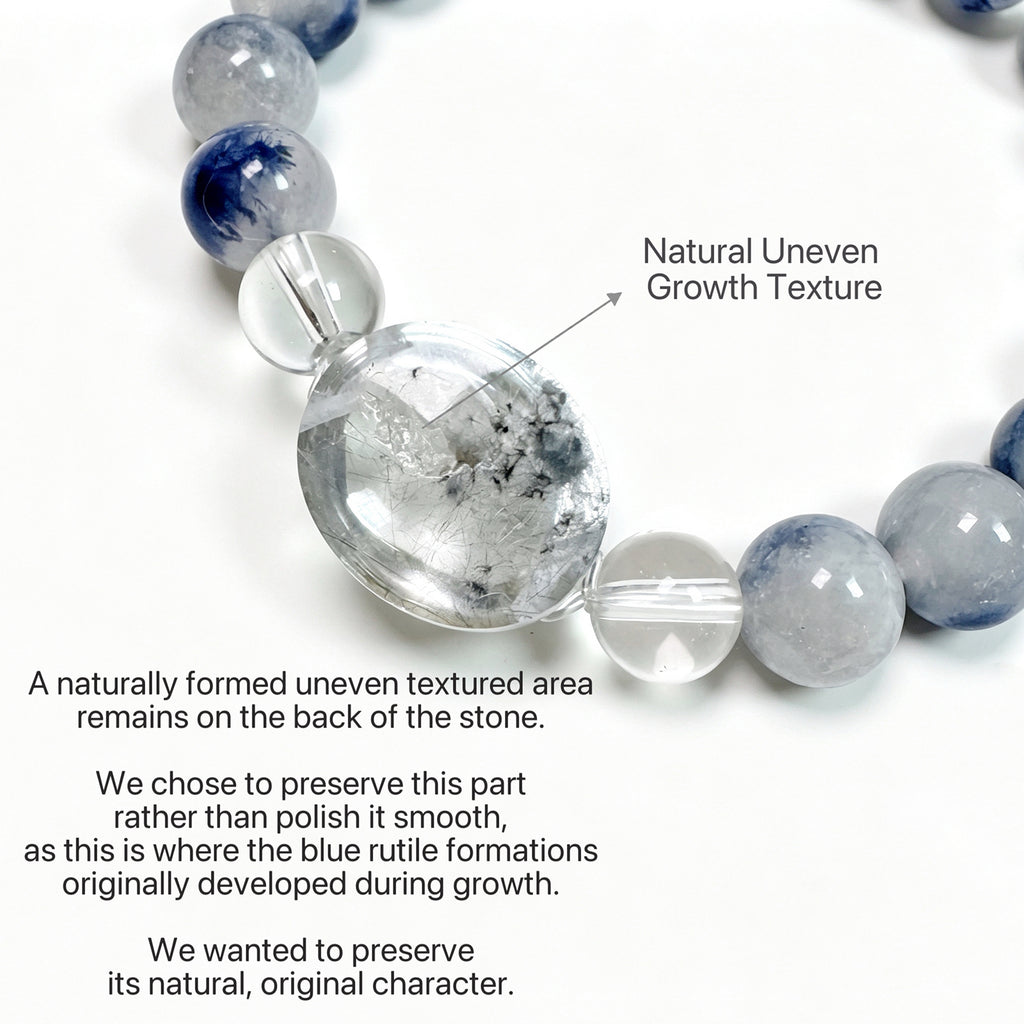 Natural growth formation on Blue Rutilated Quartz showing preserved crystal structure and authentic mineral development