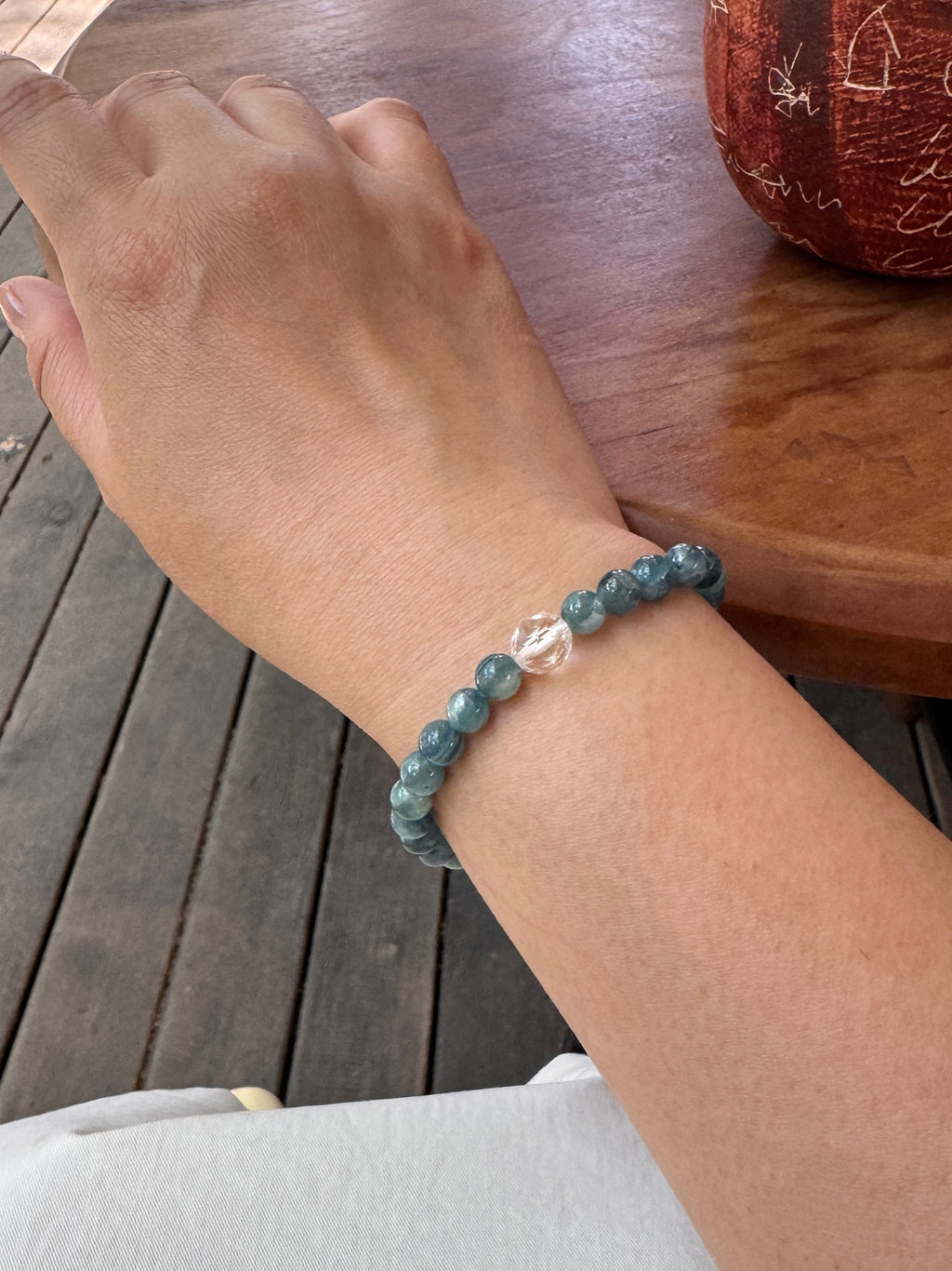 Close-up of Monet Garden Kyanite bracelet worn on wrist showing size and fit
