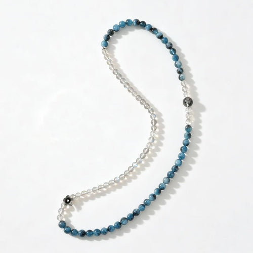 Top view of labradorite and aquamarine wrap bracelet showing layered bead arrangement and natural mineral textures