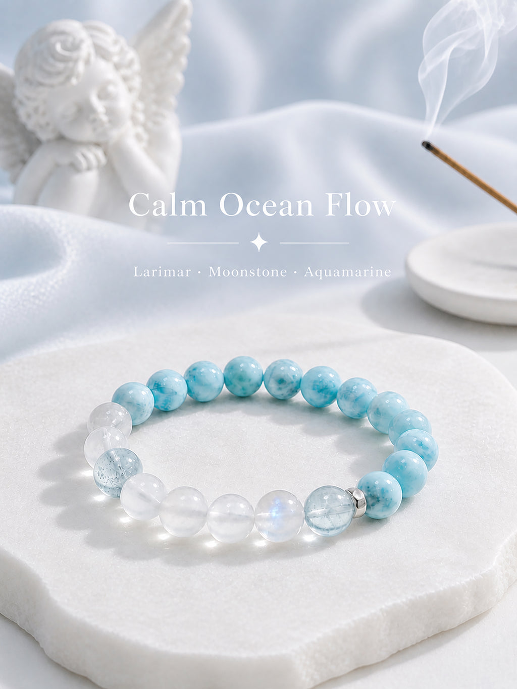 Larimar bracelet styled on meditation altar with calming spiritual objects