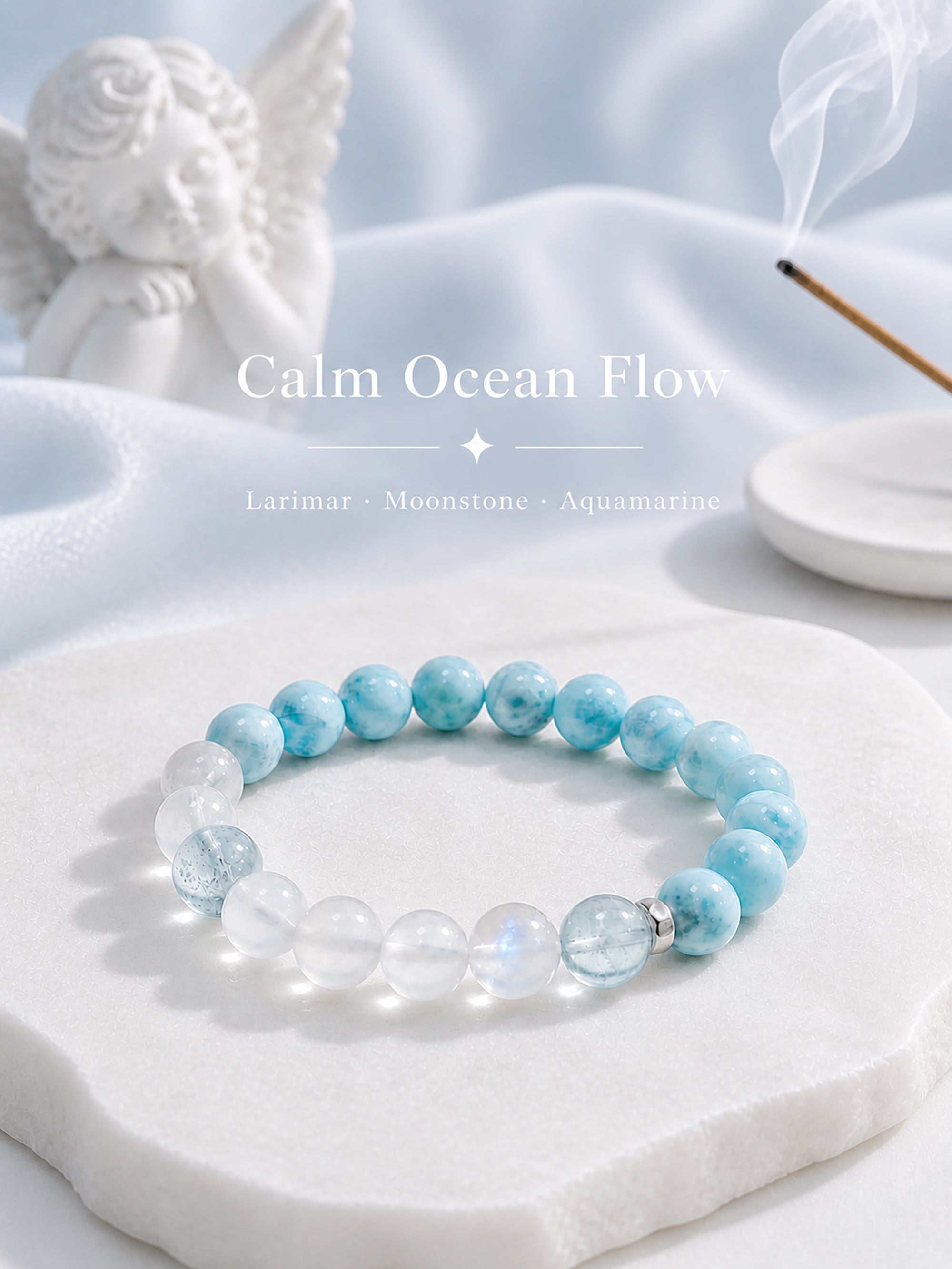 Larimar bracelet styled on meditation altar with calming spiritual objects