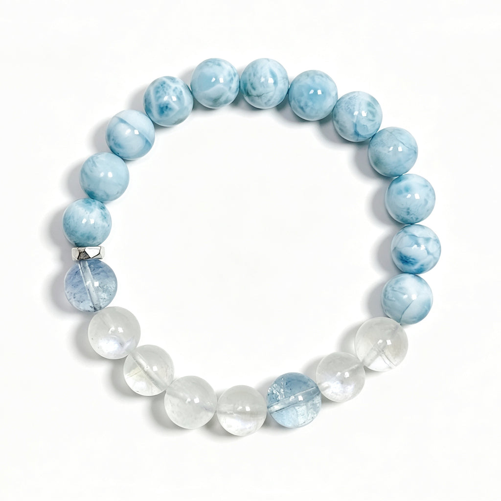 Top view of Larimar crystal bracelet showing full bead arrangement