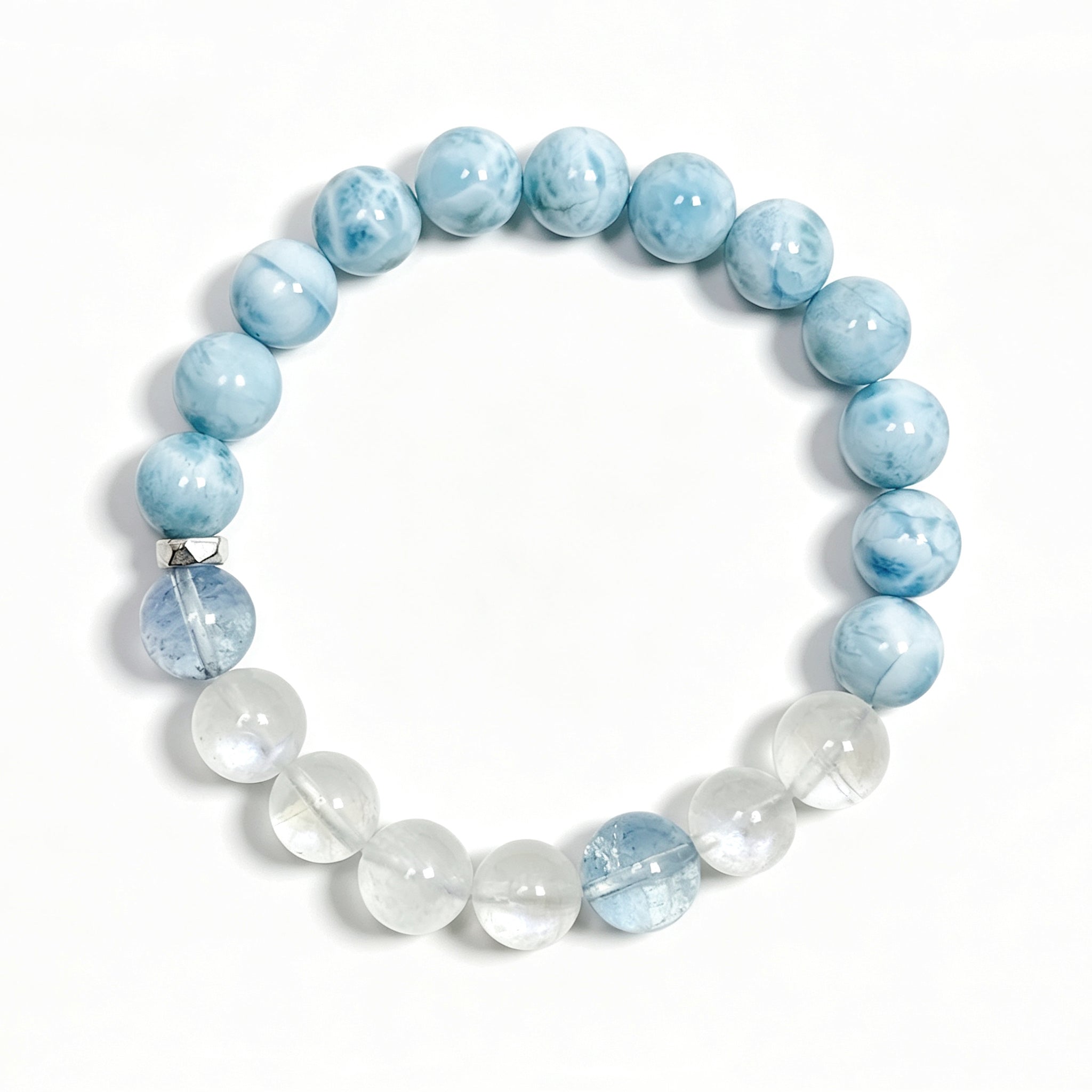 Top view of Larimar crystal bracelet showing full bead arrangement