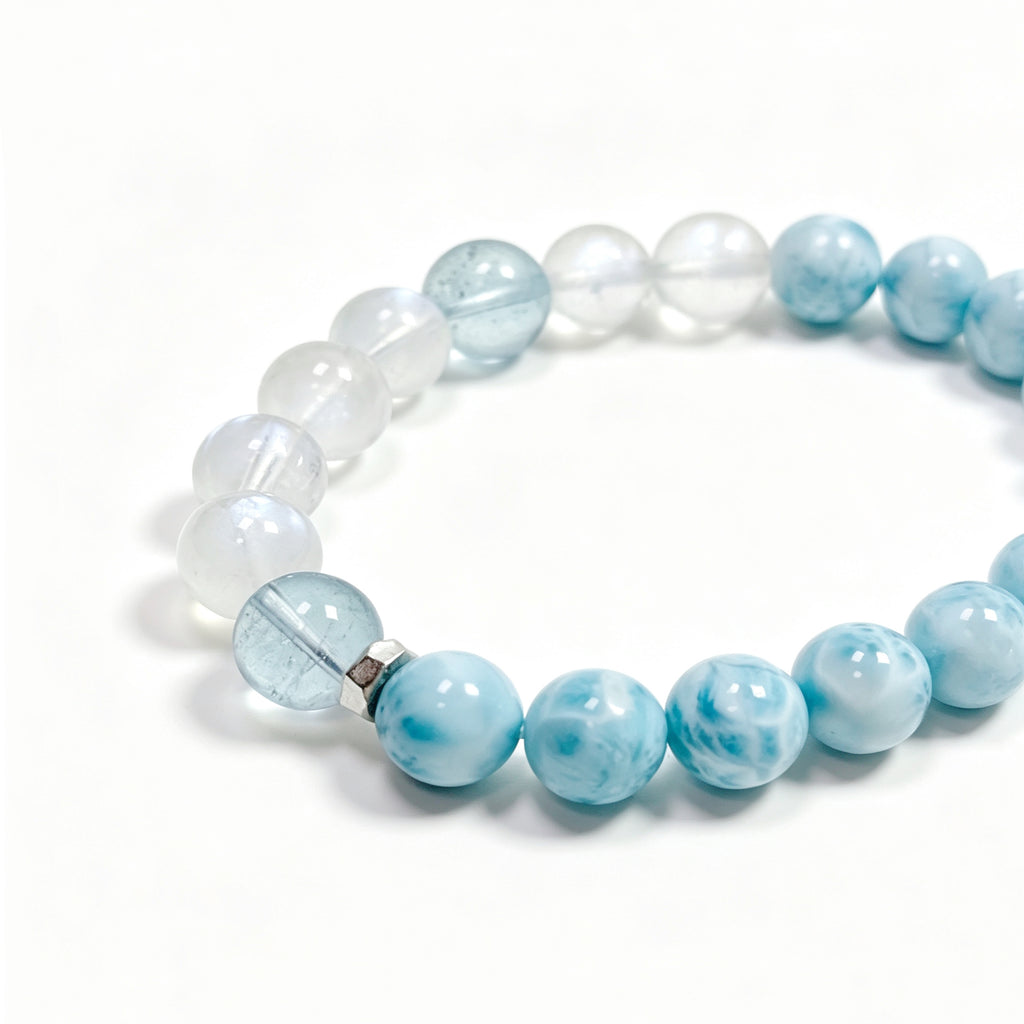 Close-up detail of Larimar crystal bracelet showing natural stone texture