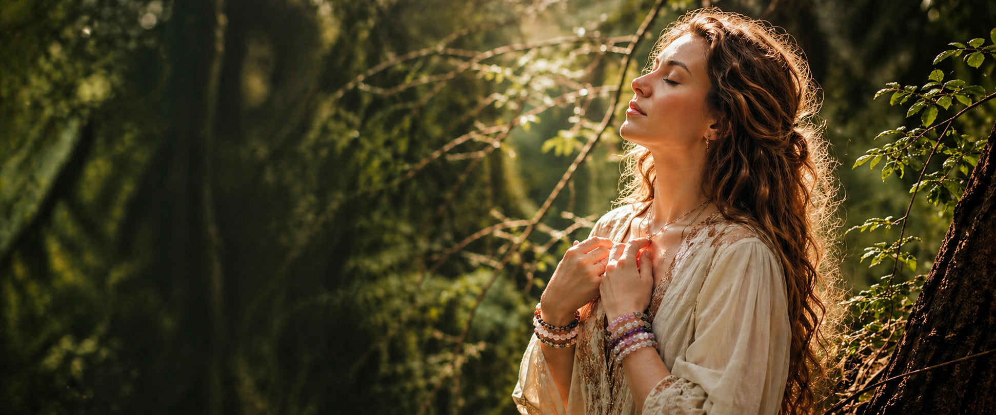 Woman wearing natural crystal bracelets in a forest setting, representing crystal jewelry designed for emotional balance.