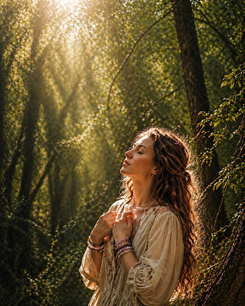 Woman wearing natural crystal bracelets in a forest setting, representing crystal jewelry designed for emotional balance.