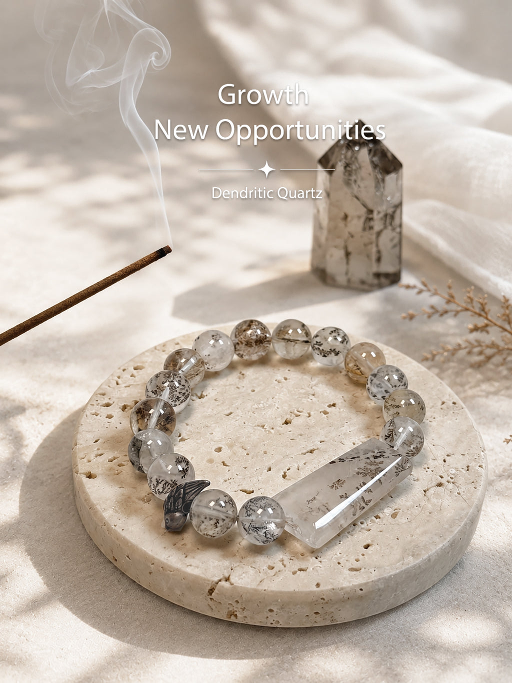Natural dendritic quartz bracelet photographed indoors with soft light and incense, highlighting delicate tree-like inclusions inside the crystal.