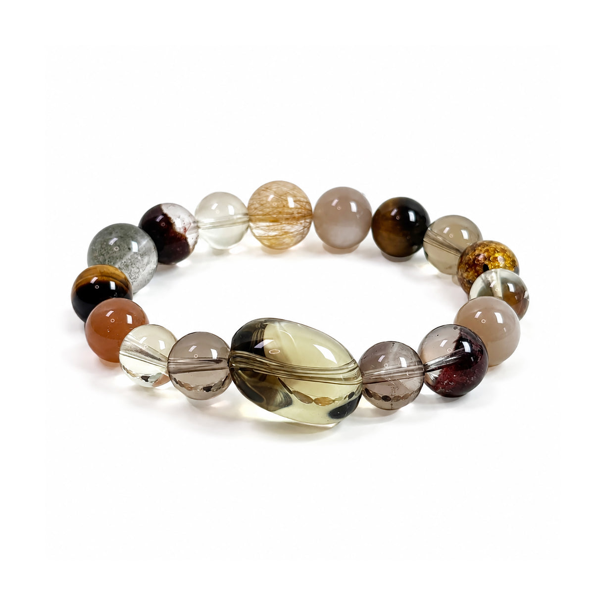 Natural Smoky Quartz, Phantom Quartz and Copper Rutilated Quartz Bracelet, side view showing the gemstone arrangement and warm earthy tones.