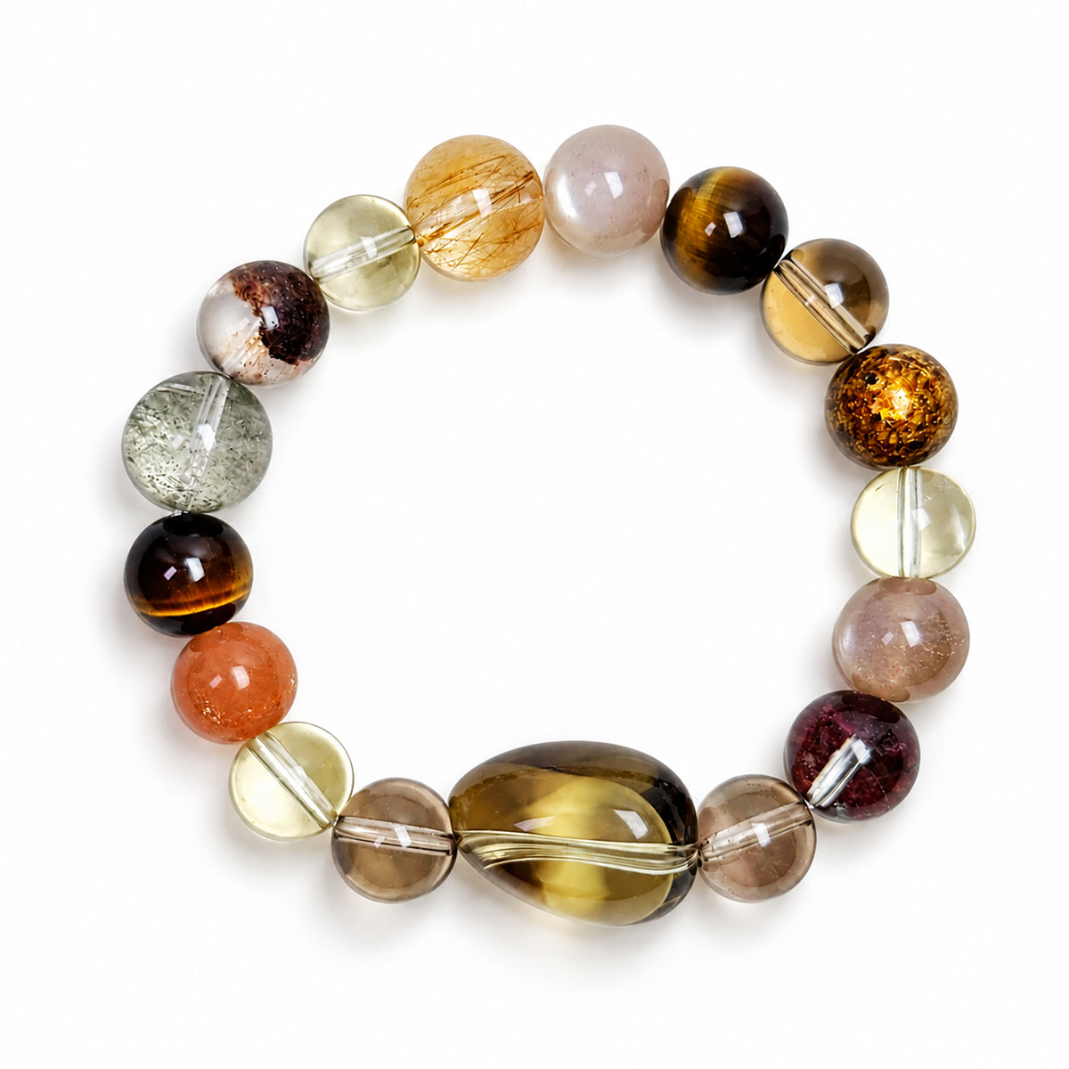 Top view of a natural Smoky Quartz, Phantom Quartz and Copper Rutilated Quartz Bracelet, featuring an irregular Smoky Quartz centerpiece and colorful natural gemstones.