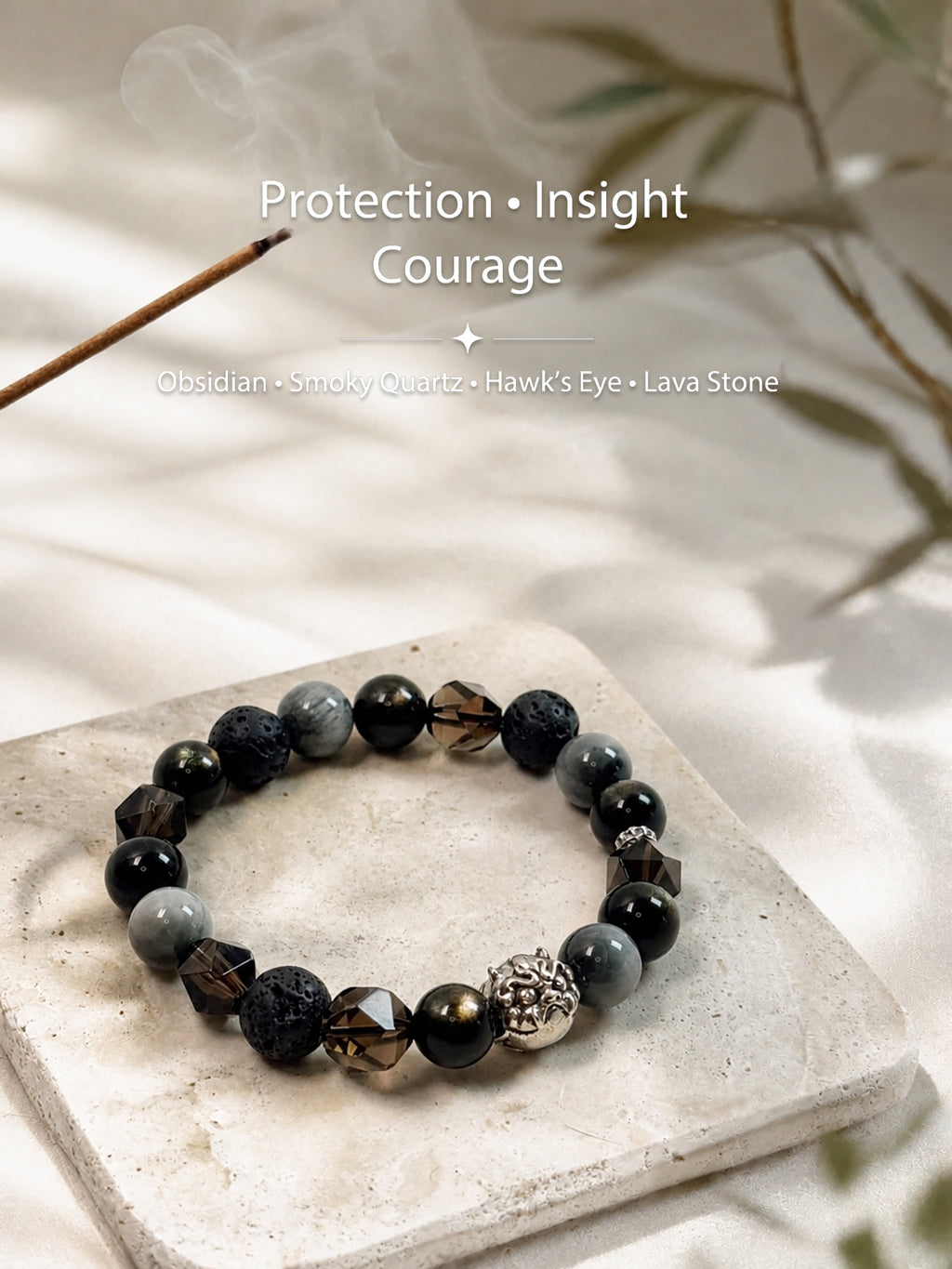Protection and grounding crystal bracelet with Obsidian, Smoky Quartz, Hawk’s Eye and Lava Stone
