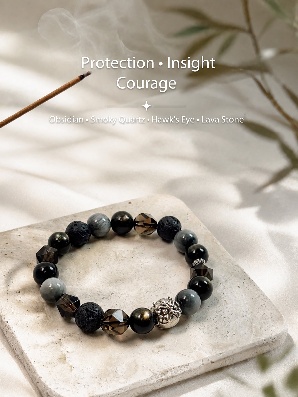 Protection and grounding crystal bracelet with Obsidian, Smoky Quartz, Hawk’s Eye and Lava Stone
